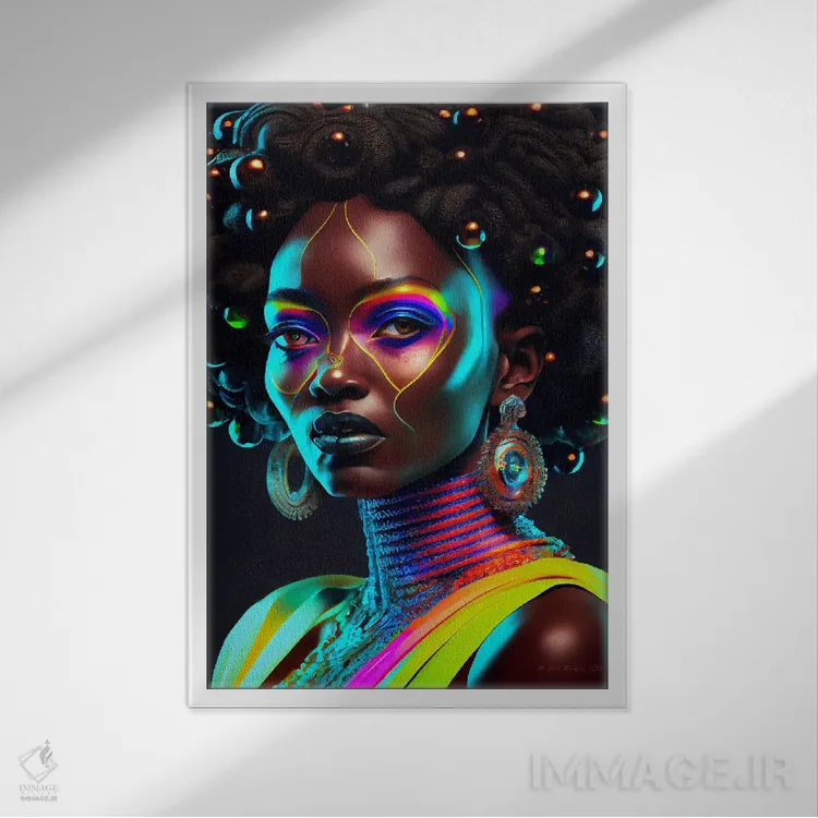 تابلو دکوراتیو زن سلطنتی آفریقایی آینده گرا ۲ اثر دیجیتال وایلد آرت - نمای قابدار سفید