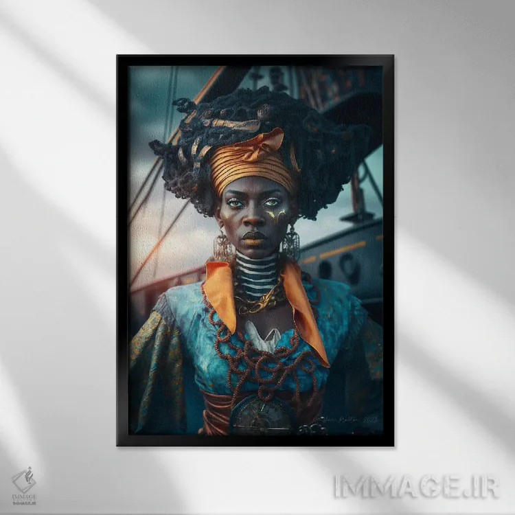 تابلو دکوراتیو دزد دریایی زن آفریقایی آینده گرا ۳ اثر دیجیتال وایلد آرت - نمای قابدار مشکی