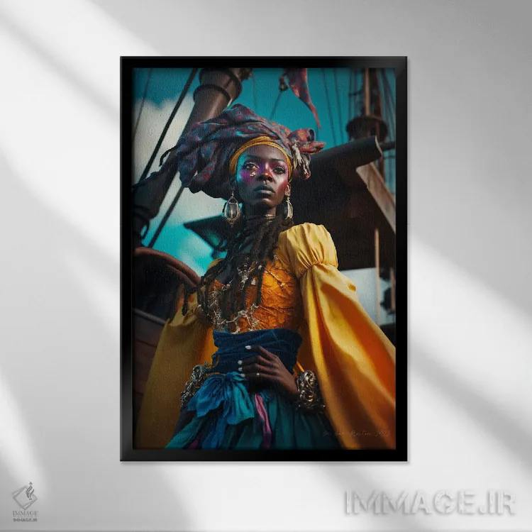 تابلو دکوراتیو دزد دریایی زن آفریقایی آینده گرا ۱ اثر دیجیتال وایلد آرت - نمای قابدار مشکی