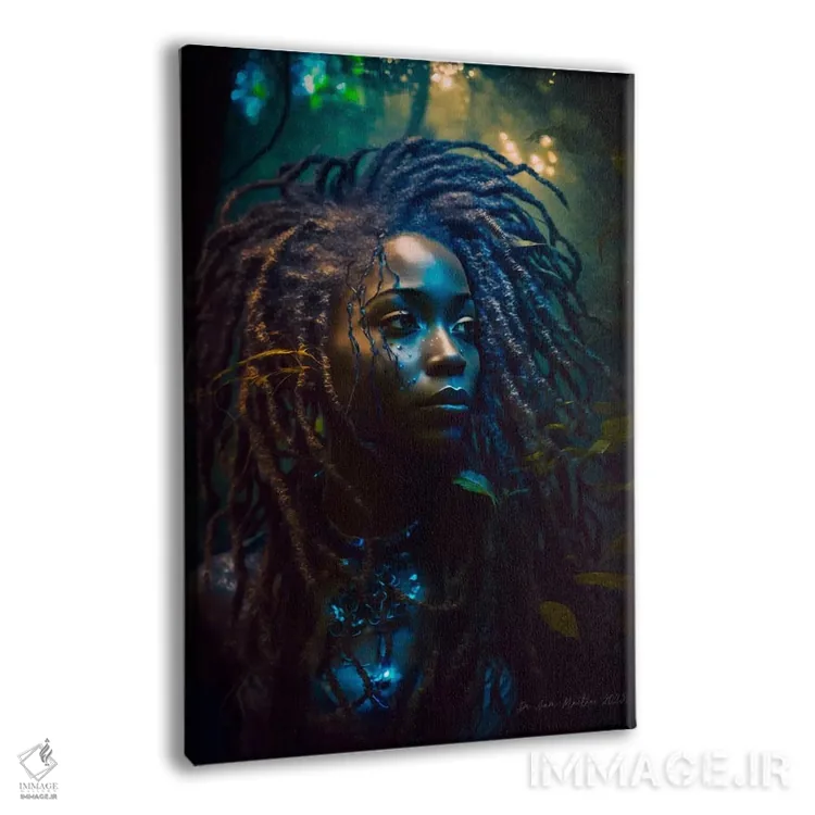 تابلو دکوراتیو زن آفریقایی آینده گرا، مسافر جنگل ۲ اثر دیجیتال وایلد آرت - نمای پرسپکتیو محصول