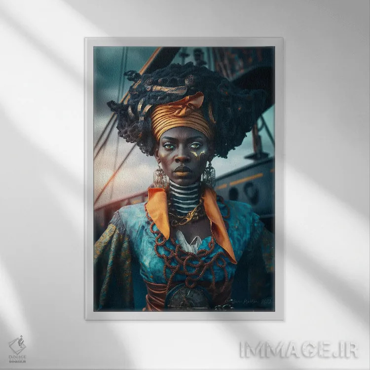 تابلو دکوراتیو دزد دریایی زن آفریقایی آینده گرا ۳ اثر دیجیتال وایلد آرت - نمای قابدار سفید