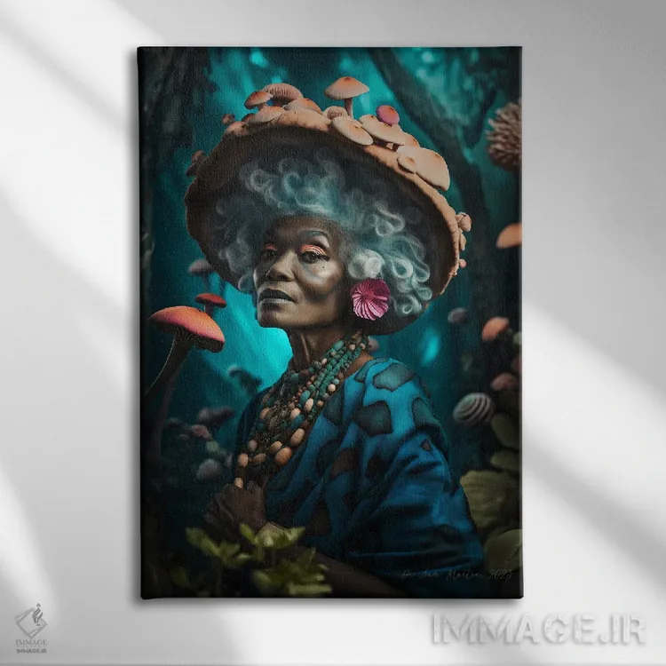 تابلو دکوراتیو مادربزرگ آفریقایی رترو فیوچریست اثر دیجیتال وایلد آرت - نمای روبهرو روی دیوار