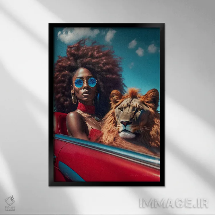 تابلو دکوراتیو زن آفریقایی آینده گرا در خودروی قرمز همراه با حیوان ر… اثر دیجیتال وایلد آرت - نمای قابدار مشکی