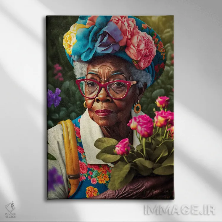 تابلو دکوراتیو مادربزرگ آفریقایی رترو فیوچریست اثر دیجیتال وایلد آرت - نمای روبهرو روی دیوار