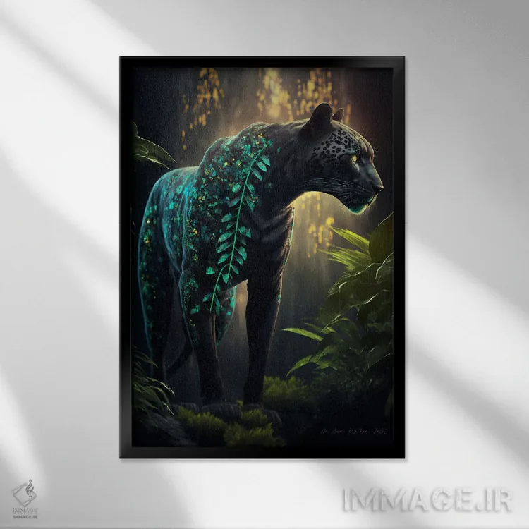 تابلو دکوراتیو حیوان روحی پلنگ سیاه آینده گرا ۲ اثر دیجیتال وایلد آرت - نمای قابدار مشکی