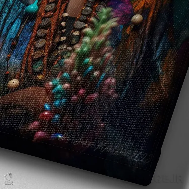 تابلو دکوراتیو مادربزرگ آفریقایی رترو فیوچریست اثر دیجیتال وایلد آرت - نمای نزدیک بافت بوم