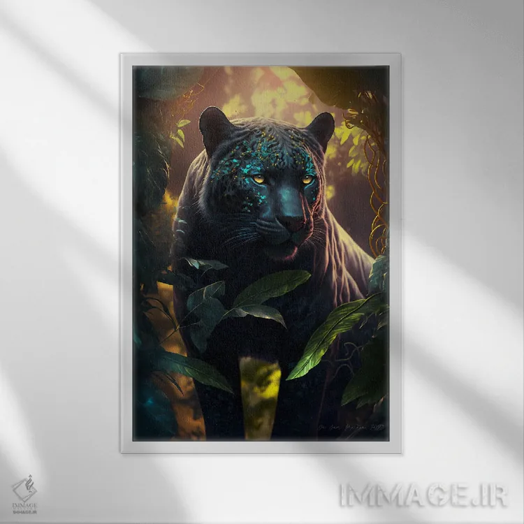 تابلو دکوراتیو حیوان روحی پلنگ سیاه آینده گرا ۱ اثر دیجیتال وایلد آرت - نمای قابدار سفید