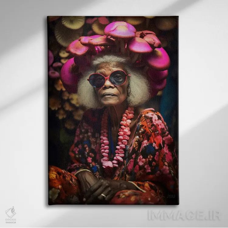 تابلو دکوراتیو مادربزرگ آفریقایی رترو فیوچریست اثر دیجیتال وایلد آرت - نمای روبهرو روی دیوار