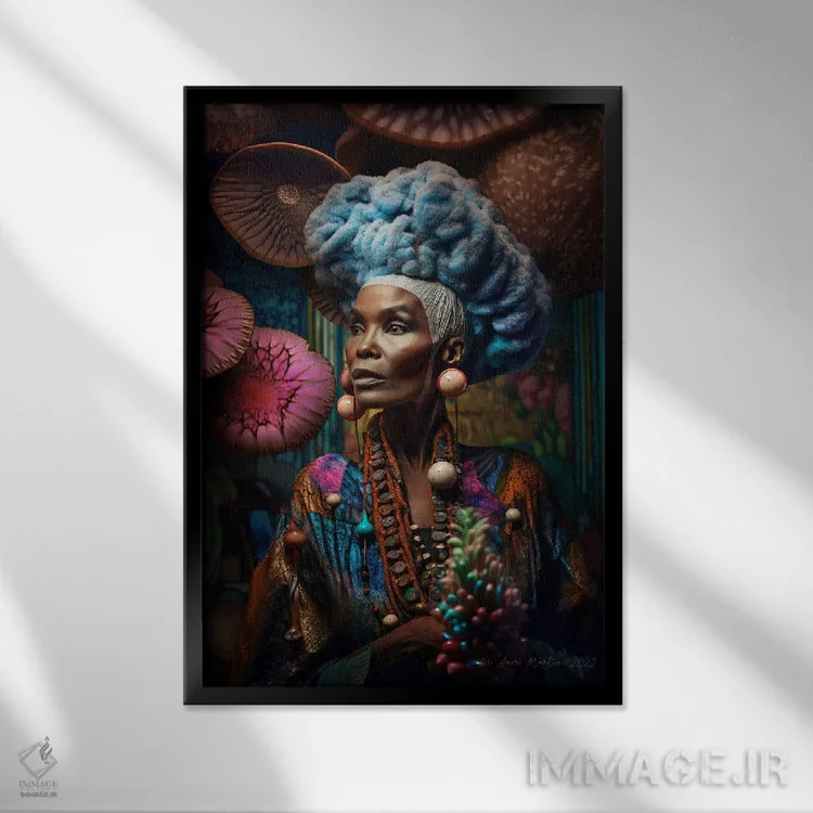 تابلو دکوراتیو مادربزرگ آفریقایی رترو فیوچریست اثر دیجیتال وایلد آرت - نمای قابدار مشکی
