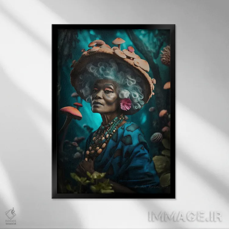 تابلو دکوراتیو مادربزرگ آفریقایی رترو فیوچریست اثر دیجیتال وایلد آرت - نمای قابدار مشکی