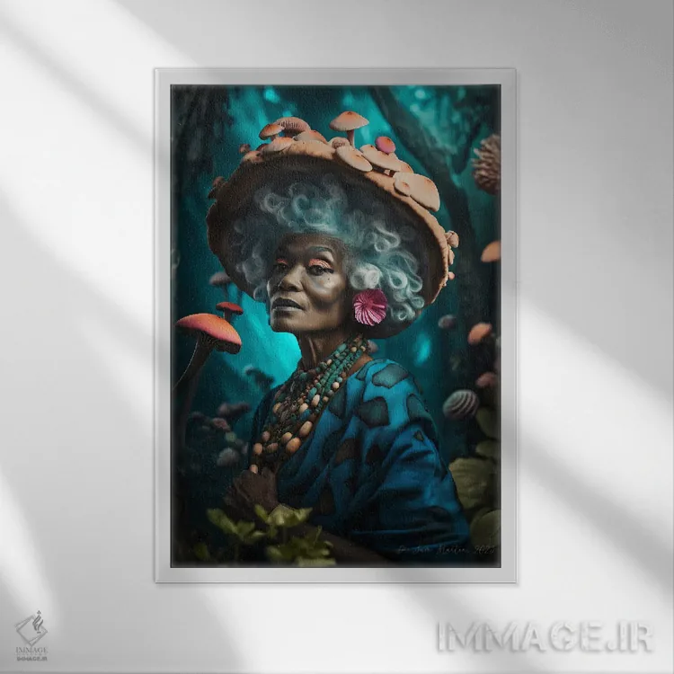 تابلو دکوراتیو مادربزرگ آفریقایی رترو فیوچریست اثر دیجیتال وایلد آرت - نمای قابدار سفید