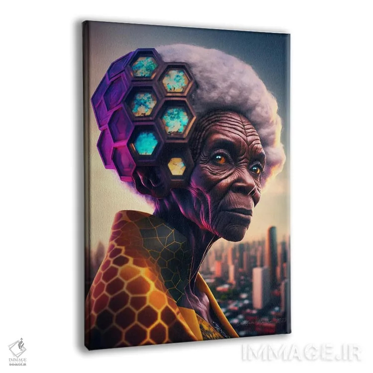 تابلو دکوراتیو مادربزرگ سیاه آفریقایی آینده گرا اثر دیجیتال وایلد آرت - نمای پرسپکتیو محصول