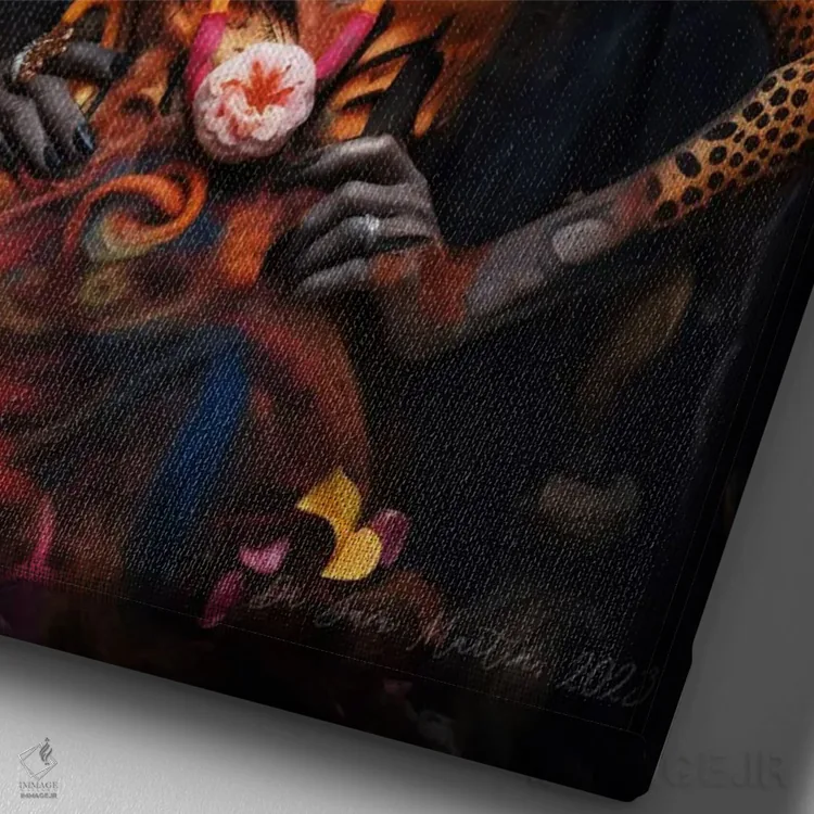 تابلو دکوراتیو مادربزرگ آفریقایی رترو فیوچریست اثر دیجیتال وایلد آرت - نمای نزدیک بافت بوم