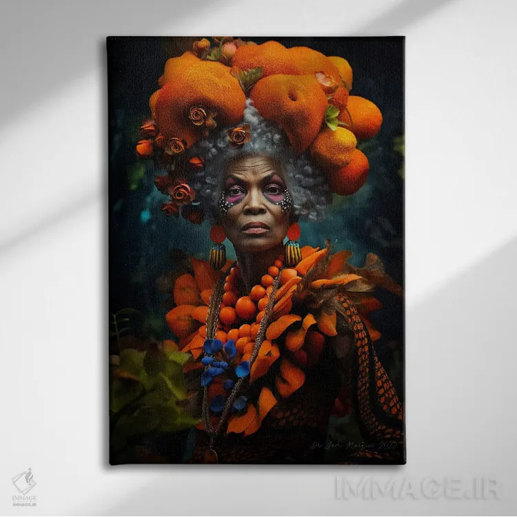 تابلو دکوراتیو مادربزرگ آفریقایی رترو فیوچریست اثر دیجیتال وایلد آرت - نمای روبهرو روی دیوار