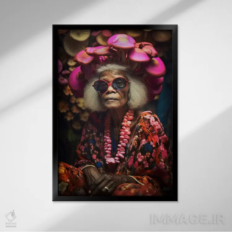 تابلو دکوراتیو مادربزرگ آفریقایی رترو فیوچریست اثر دیجیتال وایلد آرت - نمای قابدار مشکی