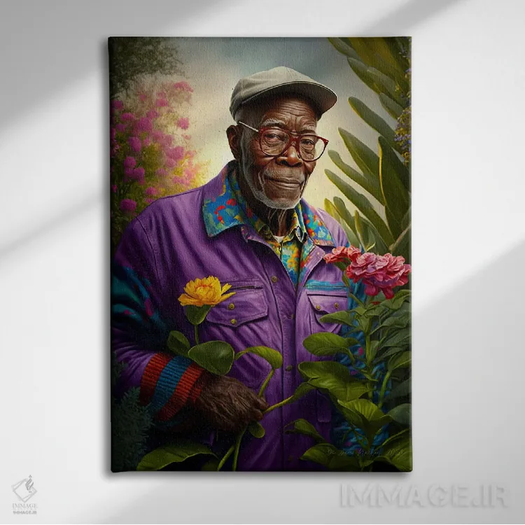 تابلو دکوراتیو پدربزرگ آفریقایی رترو فیوچریست اثر دیجیتال وایلد آرت - نمای روبهرو روی دیوار