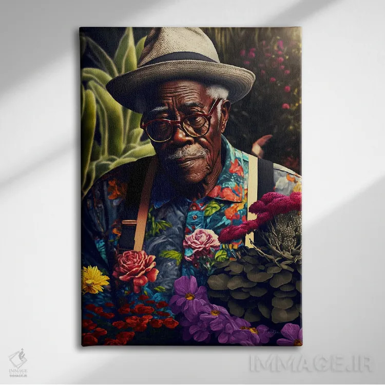 تابلو دکوراتیو پدربزرگ آفریقایی رترو فیوچریست اثر دیجیتال وایلد آرت - نمای روبهرو روی دیوار