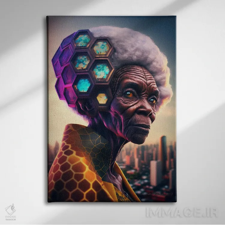 تابلو دکوراتیو مادربزرگ سیاه آفریقایی آینده گرا اثر دیجیتال وایلد آرت - نمای روبهرو روی دیوار