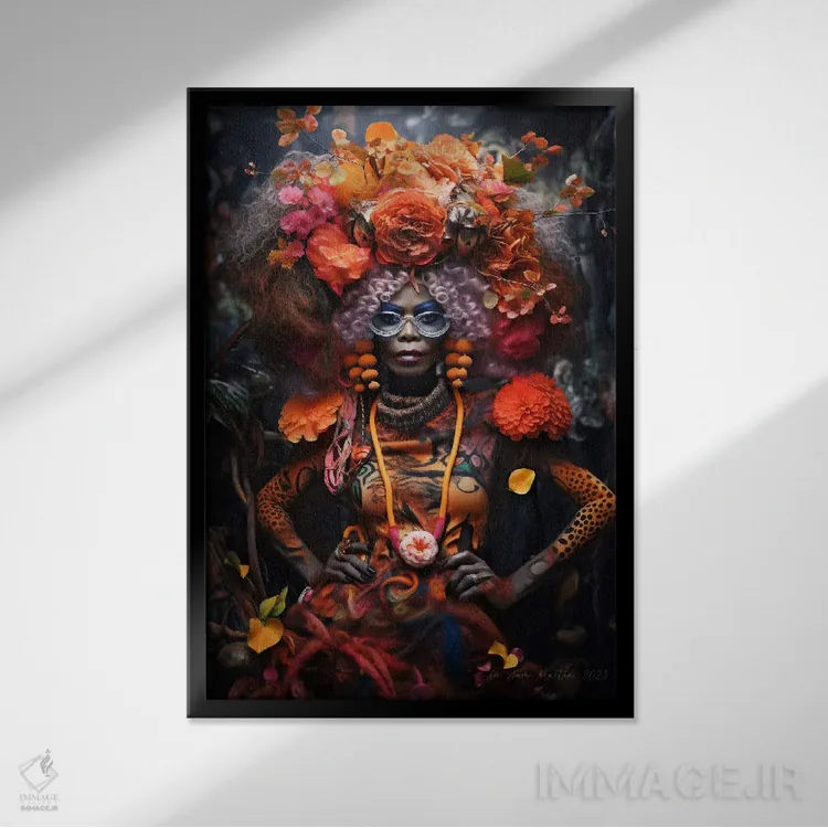 تابلو دکوراتیو مادربزرگ آفریقایی رترو فیوچریست اثر دیجیتال وایلد آرت - نمای قابدار مشکی