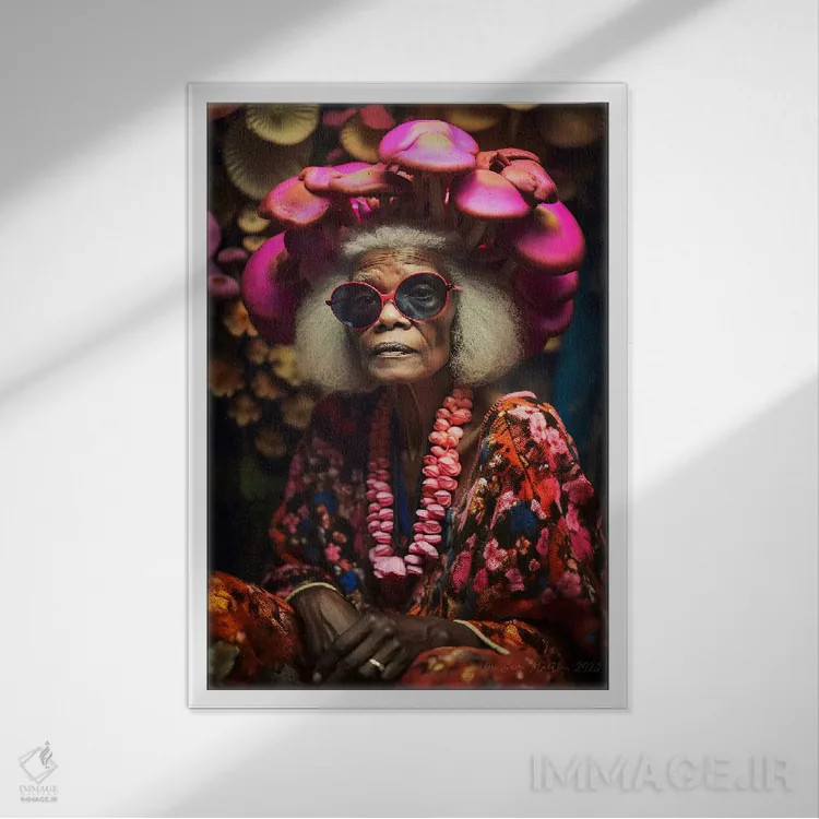 تابلو دکوراتیو مادربزرگ آفریقایی رترو فیوچریست اثر دیجیتال وایلد آرت - نمای قابدار سفید