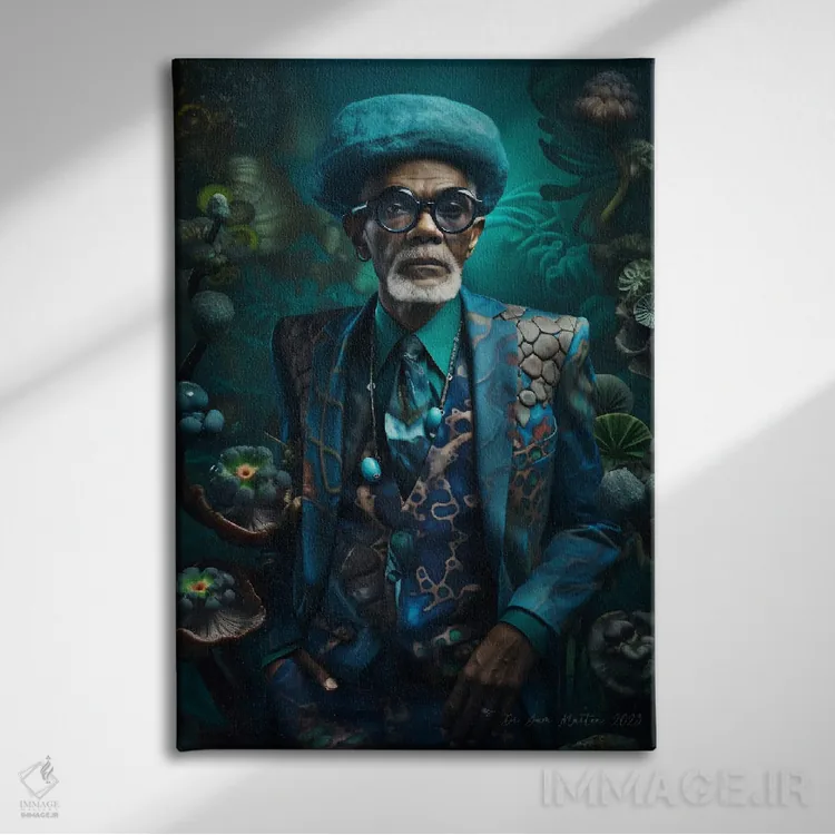 تابلو دکوراتیو پدربزرگ آفریقایی رترو فیوچریست اثر دیجیتال وایلد آرت - نمای روبهرو روی دیوار