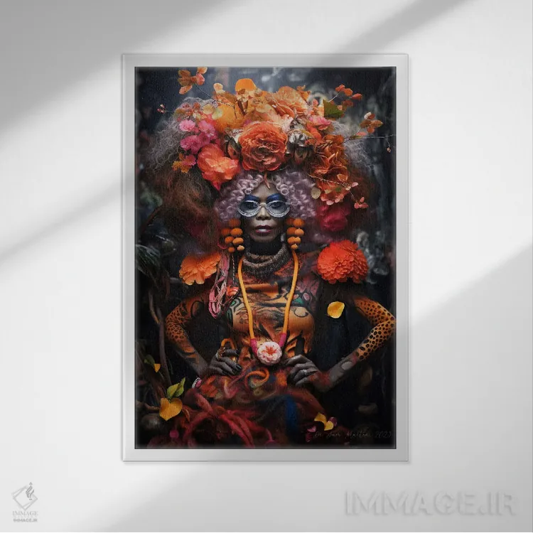 تابلو دکوراتیو مادربزرگ آفریقایی رترو فیوچریست اثر دیجیتال وایلد آرت - نمای قابدار سفید