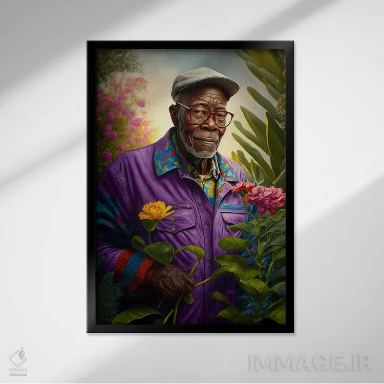 تابلو دکوراتیو پدربزرگ آفریقایی رترو فیوچریست اثر دیجیتال وایلد آرت - نمای قابدار مشکی
