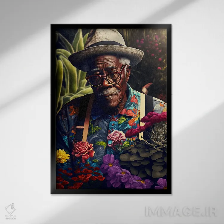 تابلو دکوراتیو پدربزرگ آفریقایی رترو فیوچریست اثر دیجیتال وایلد آرت - نمای قابدار مشکی