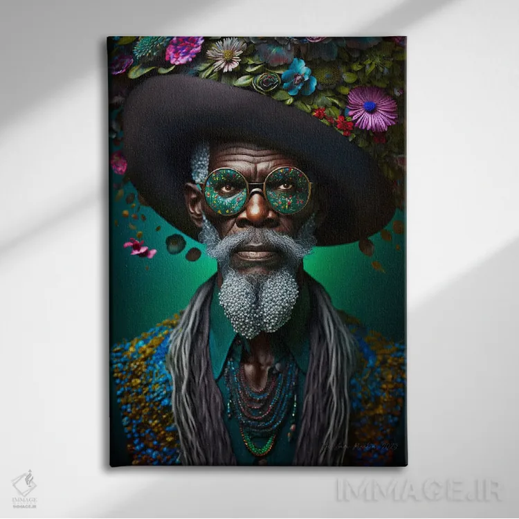 تابلو دکوراتیو پدربزرگ آفریقایی رترو فیوچریست اثر دیجیتال وایلد آرت - نمای روبهرو روی دیوار
