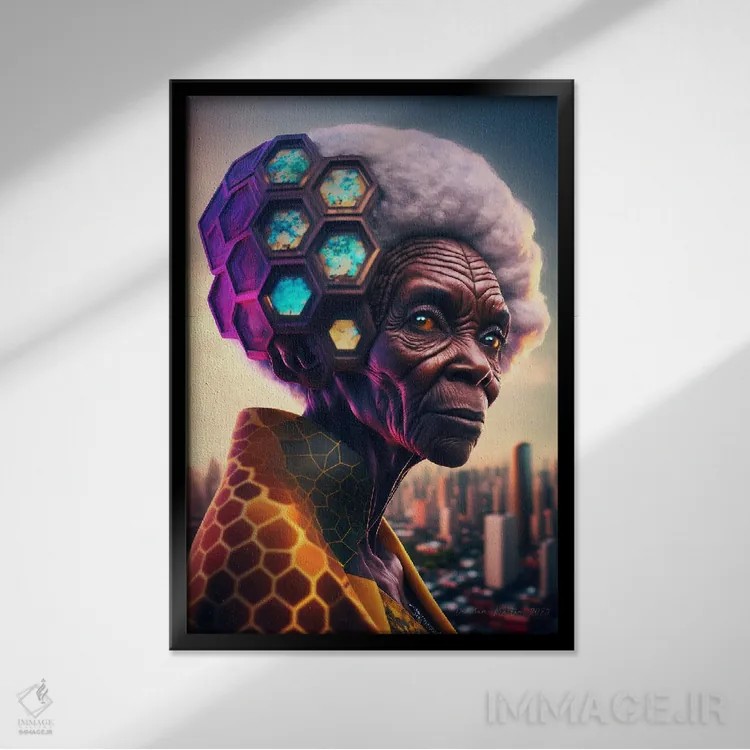 تابلو دکوراتیو مادربزرگ سیاه آفریقایی آینده گرا اثر دیجیتال وایلد آرت - نمای قابدار مشکی