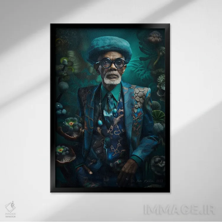 تابلو دکوراتیو پدربزرگ آفریقایی رترو فیوچریست اثر دیجیتال وایلد آرت - نمای قابدار مشکی