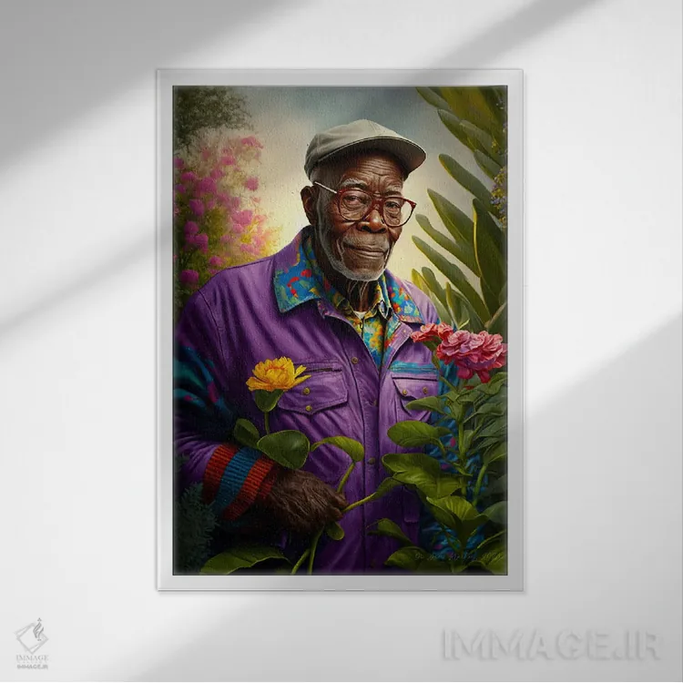 تابلو دکوراتیو پدربزرگ آفریقایی رترو فیوچریست اثر دیجیتال وایلد آرت - نمای قابدار سفید
