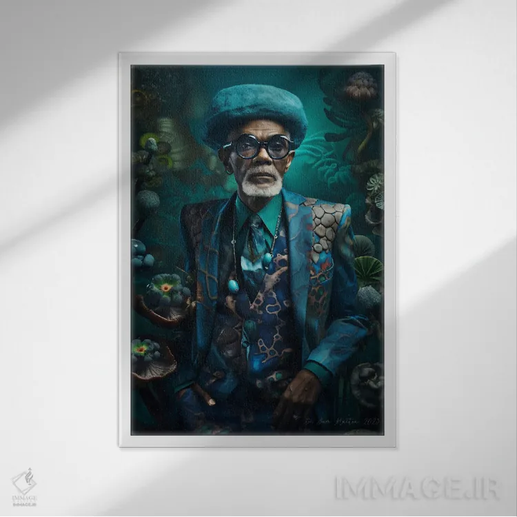 تابلو دکوراتیو پدربزرگ آفریقایی رترو فیوچریست اثر دیجیتال وایلد آرت - نمای قابدار سفید