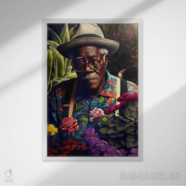 تابلو دکوراتیو پدربزرگ آفریقایی رترو فیوچریست اثر دیجیتال وایلد آرت - نمای قابدار سفید