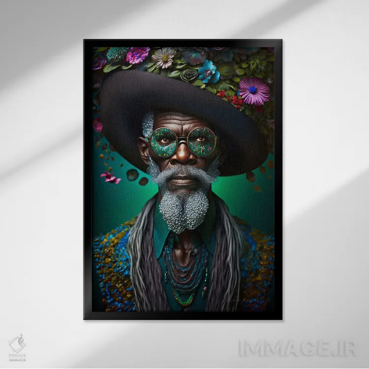 تابلو دکوراتیو پدربزرگ آفریقایی رترو فیوچریست اثر دیجیتال وایلد آرت - نمای قابدار مشکی