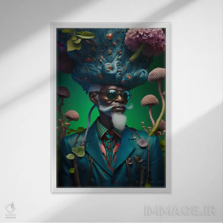 تابلو دکوراتیو پدربزرگ آفریقایی رترو فیوچریست اثر دیجیتال وایلد آرت - نمای قابدار سفید