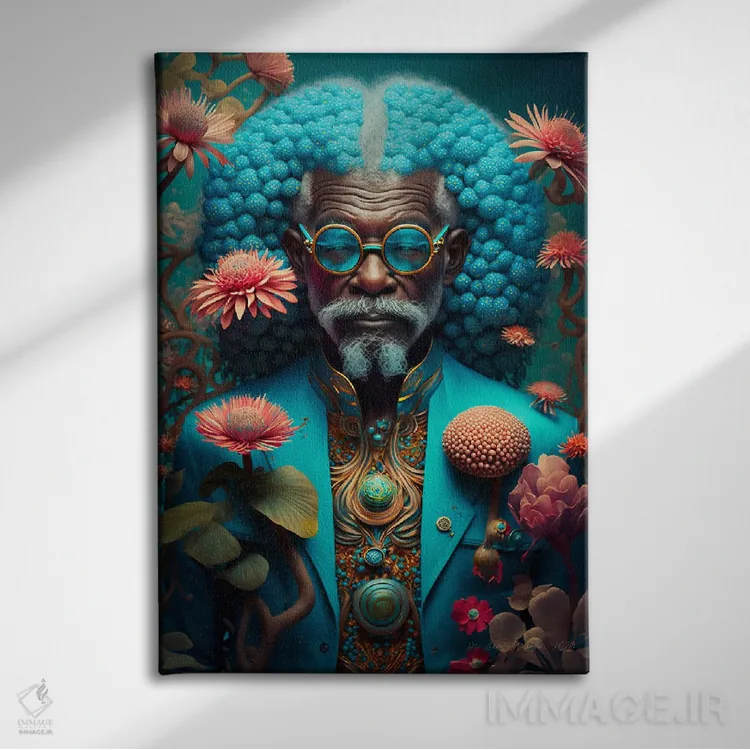تابلو دکوراتیو پدربزرگ آفریقایی رترو فیوچریست اثر دیجیتال وایلد آرت - نمای روبهرو روی دیوار