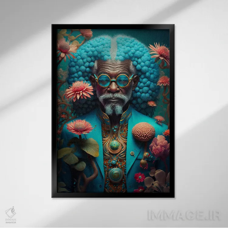 تابلو دکوراتیو پدربزرگ آفریقایی رترو فیوچریست اثر دیجیتال وایلد آرت - نمای قابدار مشکی
