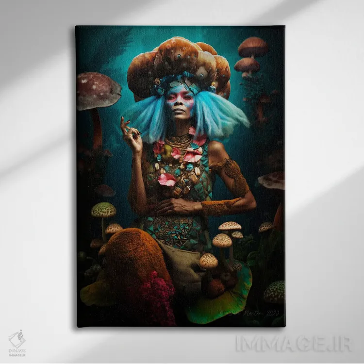 تابلو دکوراتیو زن آفریقایی رترو فیوچریست اثر دیجیتال وایلد آرت - نمای روبهرو روی دیوار