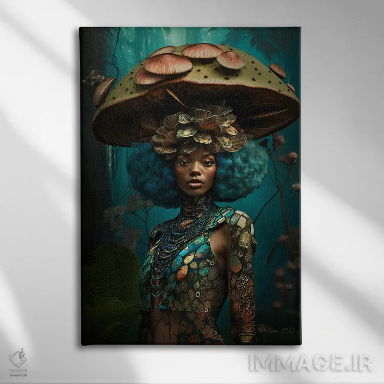 تابلو دکوراتیو زن آفریقایی رترو فیوچریست اثر دیجیتال وایلد آرت - نمای روبهرو روی دیوار