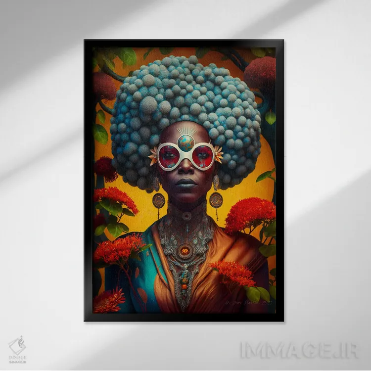 تابلو دکوراتیو زن آفریقایی رترو فیوچریست اثر دیجیتال وایلد آرت - نمای قابدار مشکی