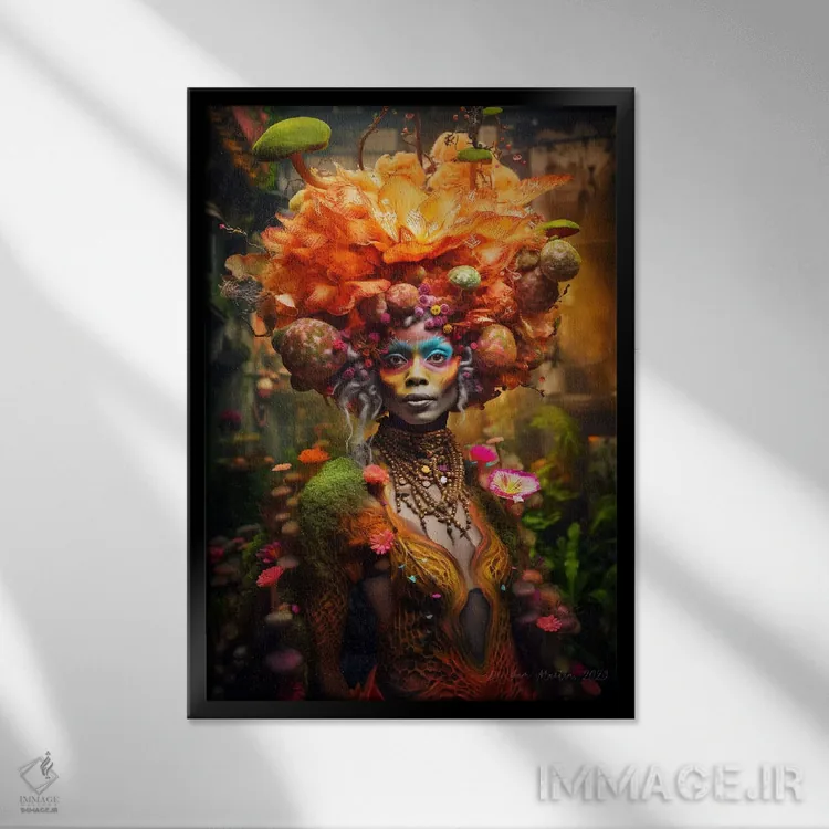 تابلو دکوراتیو زن آفریقایی رترو فیوچریست اثر دیجیتال وایلد آرت - نمای قابدار مشکی