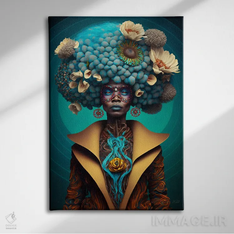 تابلو دکوراتیو زن آفریقایی رترو فیوچریست اثر دیجیتال وایلد آرت - نمای روبهرو روی دیوار