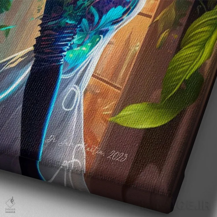 تابلو دکوراتیو گیاه شناس سفرکننده در زمان I اثر دیجیتال وایلد آرت - نمای نزدیک بافت بوم