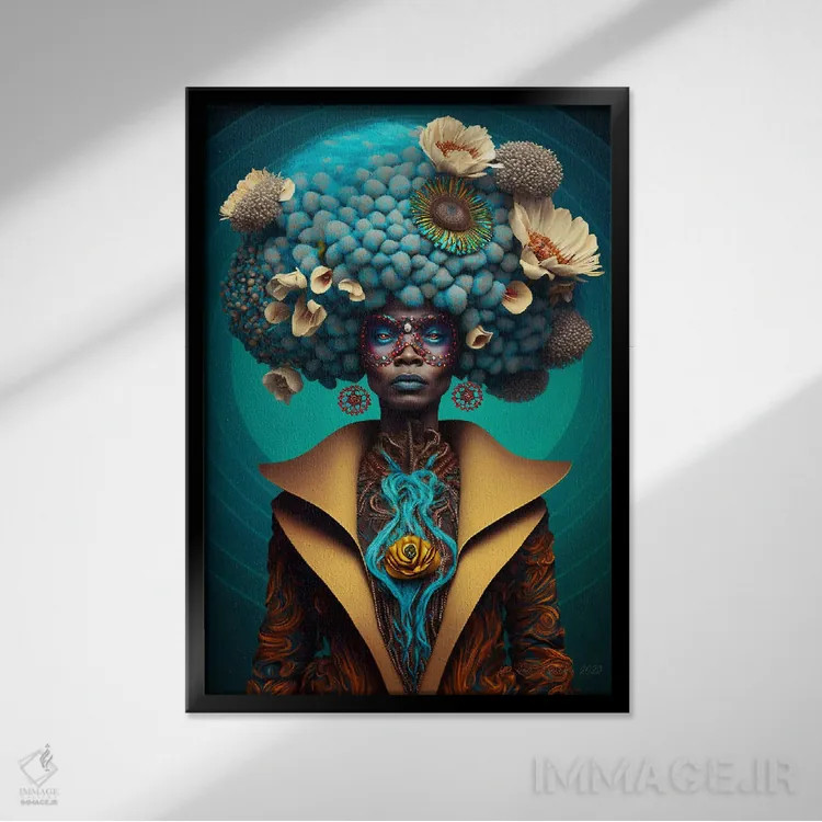 تابلو دکوراتیو زن آفریقایی رترو فیوچریست اثر دیجیتال وایلد آرت - نمای قابدار مشکی