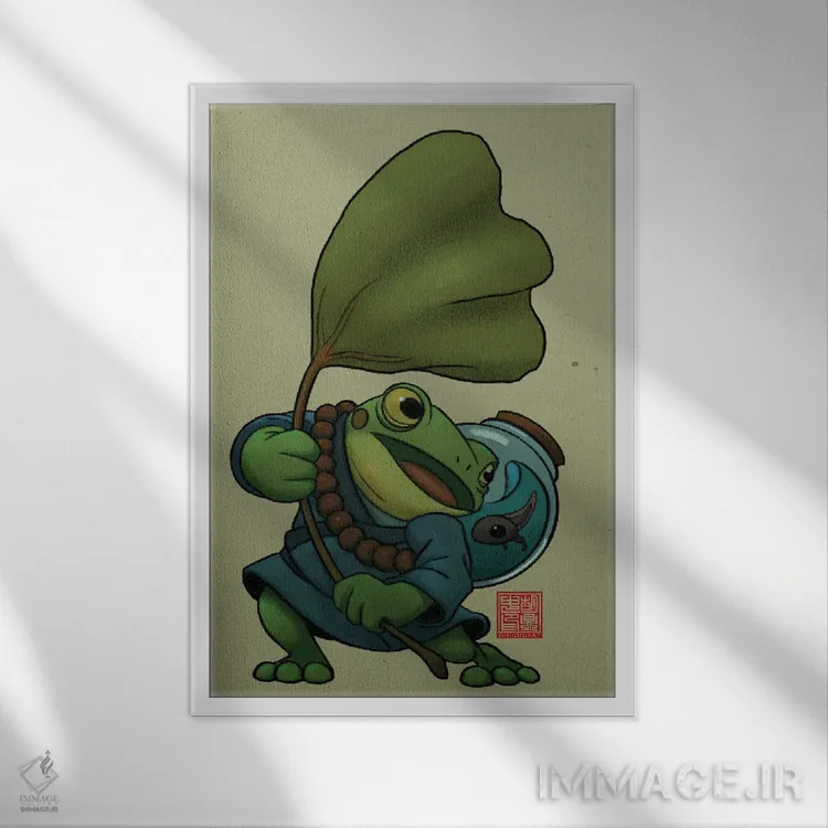 تابلو دکوراتیو قورباغه در طوفان اثر باورگ ژونگ هو - نمای قابدار سفید