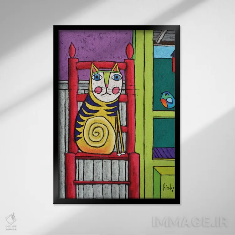 تابلو دکوراتیو گربه روی صندلی II اثر دیویدای هیندز - نمای قابدار مشکی