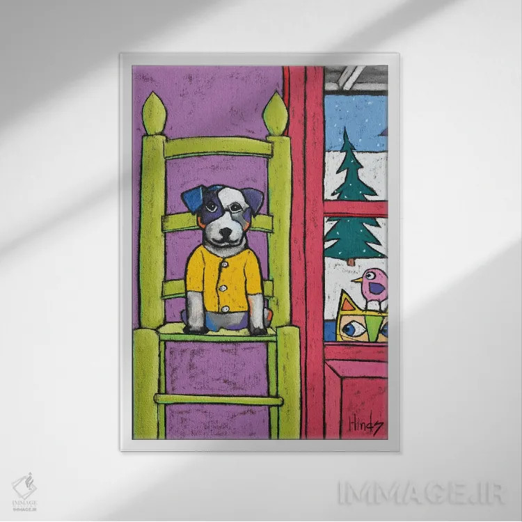 تابلو دکوراتیو سگ روی صندلی اثر دیویدای هیندز - نمای قابدار سفید