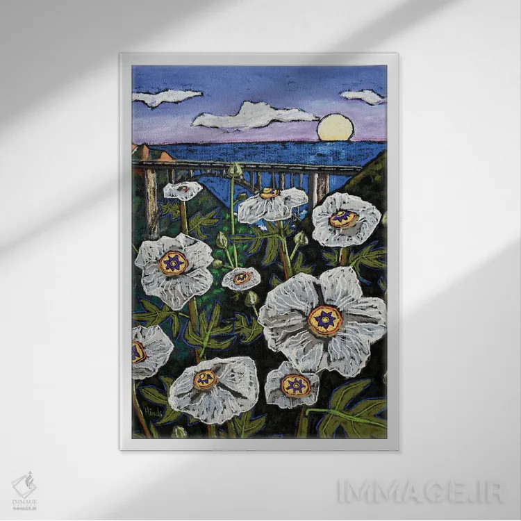 تابلو دکوراتیو شقایق ها و پل بیکس بی اثر دیویدای هیندز - نمای قابدار سفید