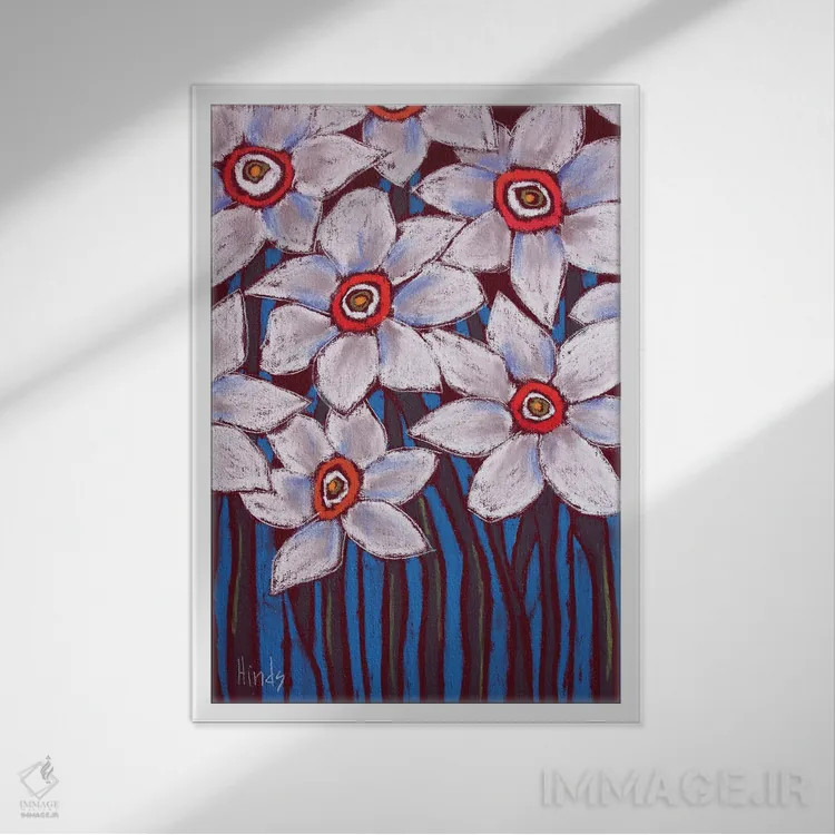 تابلو دکوراتیو گل های سفید اثر دیویدای هیندز - نمای قابدار سفید